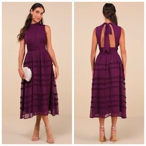 Lulus Plum Purple Tiered Ruffle Open Back High Neck Midi Dress XL Wedding Guest